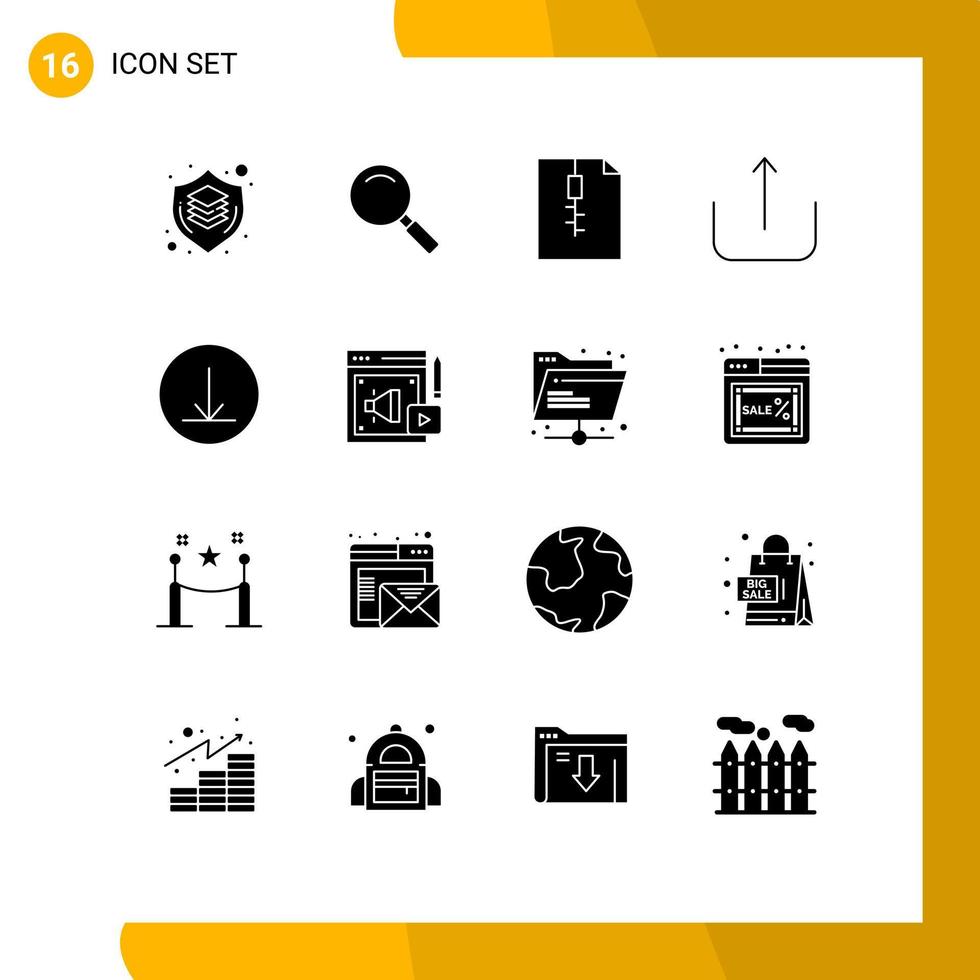 16 User Interface Solid Glyph Pack of modern Signs and Symbols of web circle search upload multimedia Editable Vector Design Elements