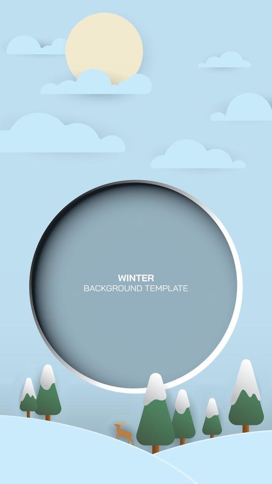Abstract 3 dimension paper cut winter season concept with blank circle frame on vertical light blue background. Winter advertisement template. Christmas flat design background with blank space. vector