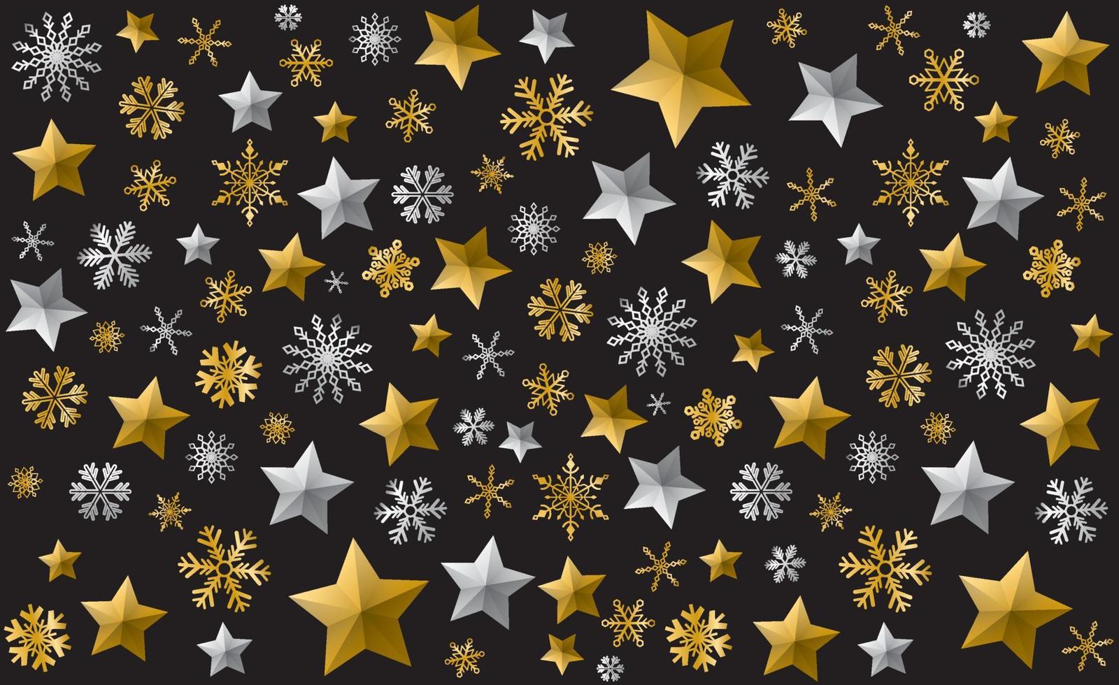 ilustración de estrellas con copos de nieve dorados y plateados en patrón negro. fondo de elementos navideños de lujo. vector