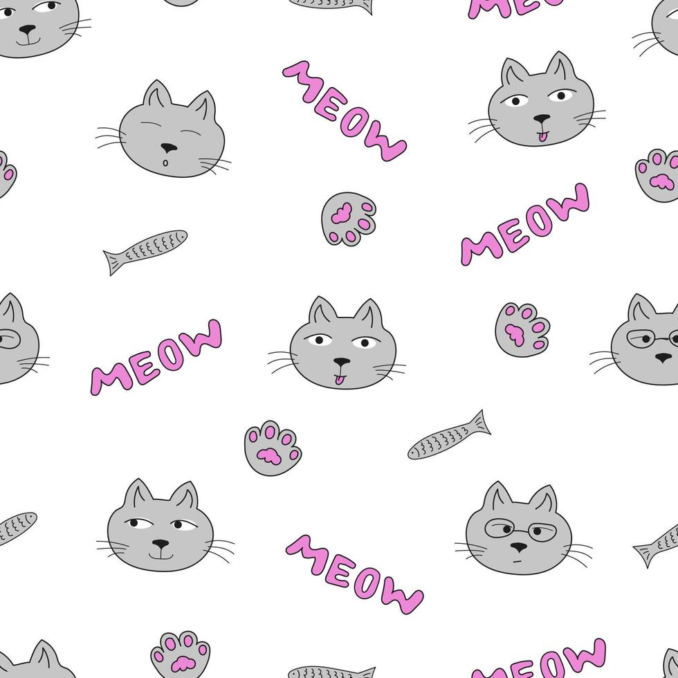 Seamless vector pattern with  cartoon cat, fish, paw on White Background.