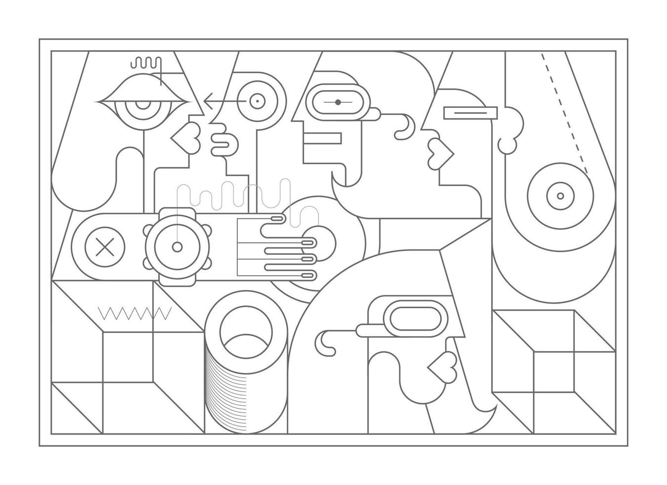 grupo de personas y formas geométricas abstractas arte lineal vector