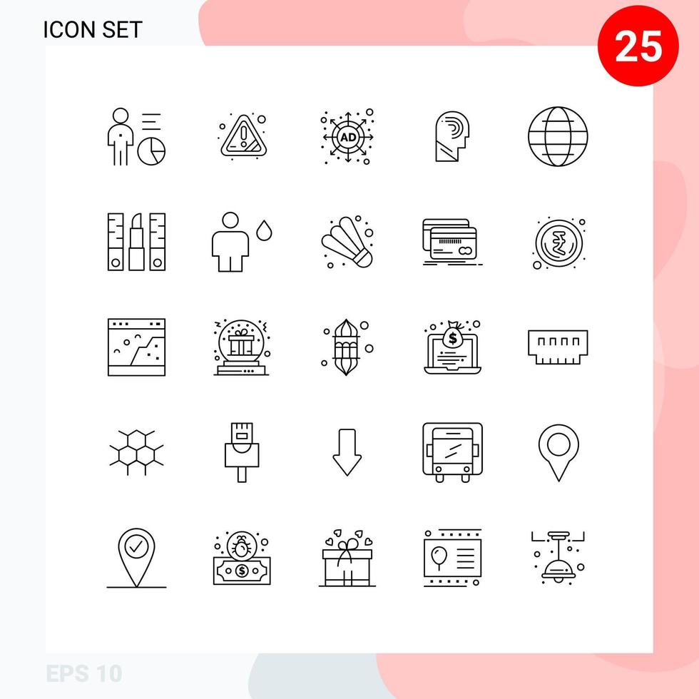 Universal Icon Symbols Group of 25 Modern Lines of globe mind error manipulate access Editable Vector Design Elements