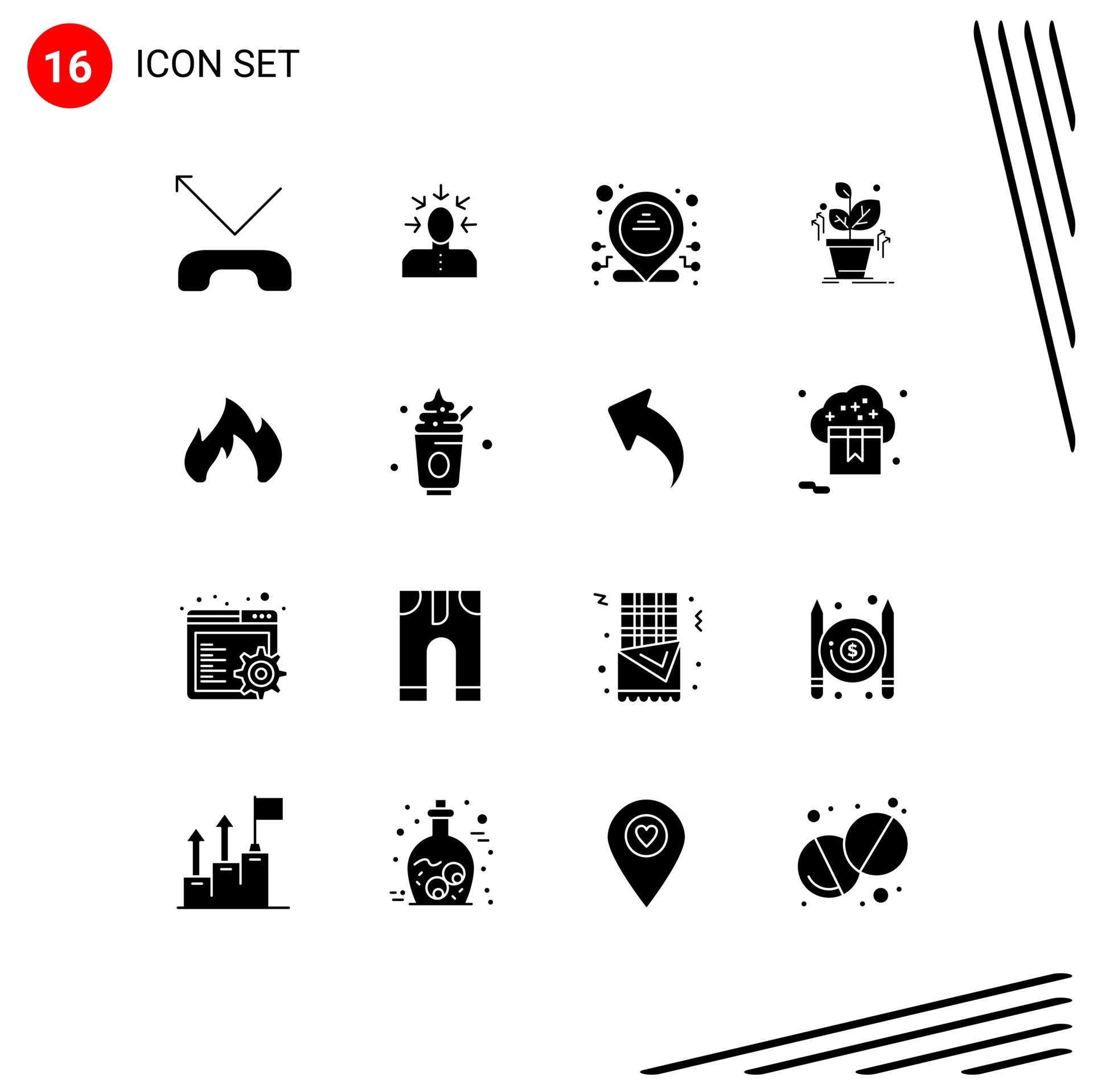 Set of 16 Vector Solid Glyphs on Grid for fire place fire address