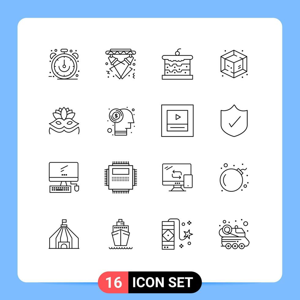 Universal Icon Symbols Group of 16 Modern Outlines of carnival mask process electricity creative cake Editable Vector Design Elements