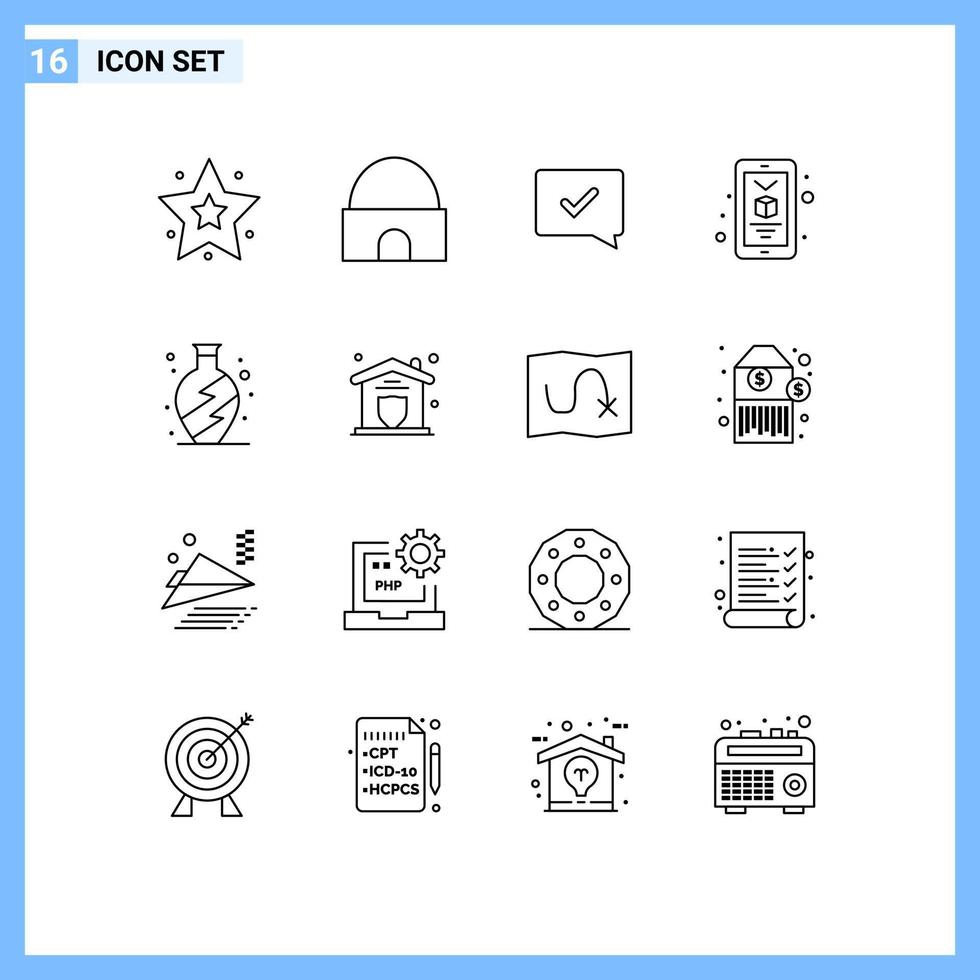 Editable Vector Line Pack of 16 Simple Outlines of vase home approve smartphone mobile Editable Vector Design Elements