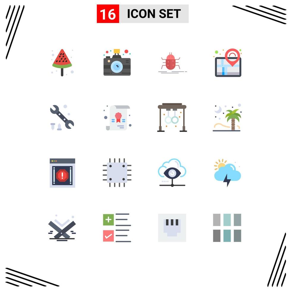 Group of 16 Modern Flat Colors Set for options success bugs pin map Editable Pack of Creative Vector Design Elements