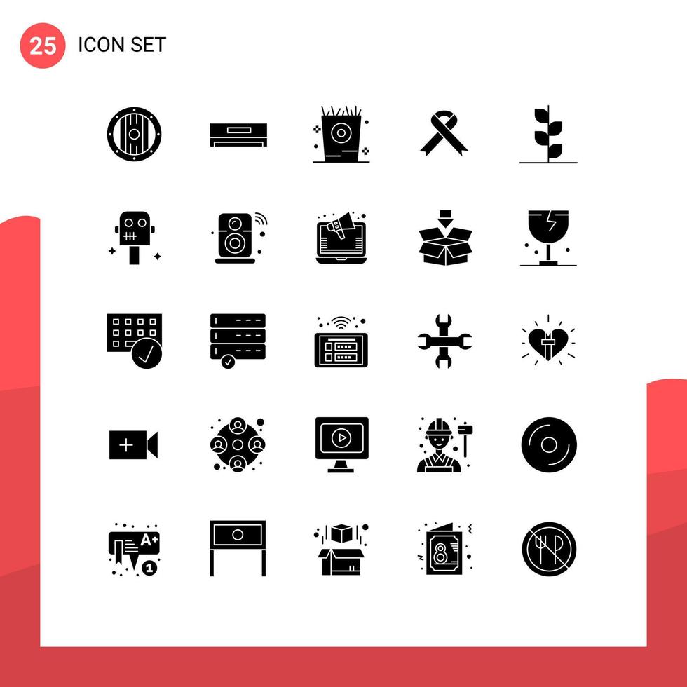 Mobile Interface Solid Glyph Set of 25 Pictograms of garden medical fries health ribbon Editable Vector Design Elements