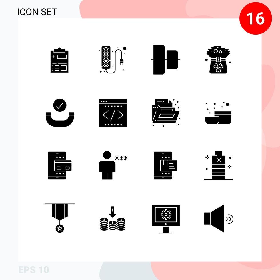 Universal Icon Symbols Group of 16 Modern Solid Glyphs of checked in align hat coin Editable Vector Design Elements