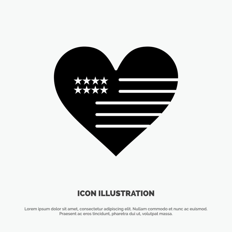 vector de icono de glifo sólido de bandera americana de amor de corazón