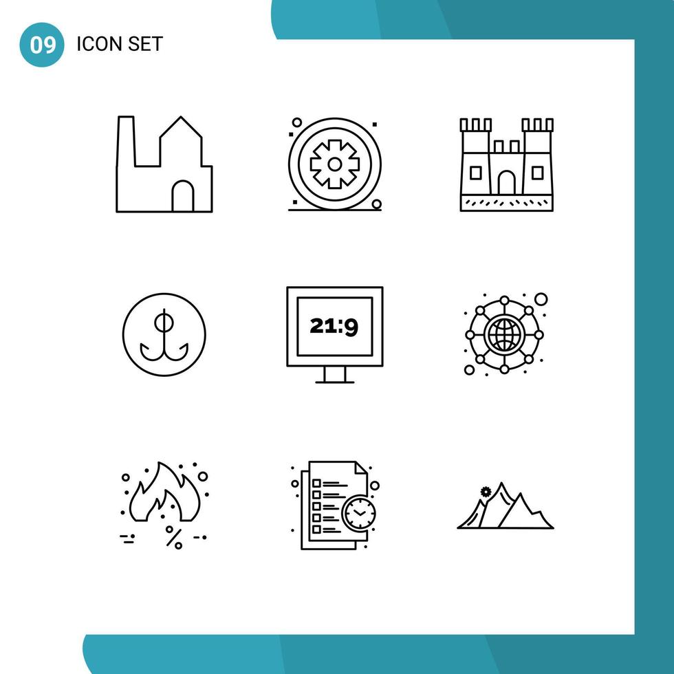 Paquete de 9 esquemas de interfaz de usuario de signos y símbolos modernos de elementos de diseño vectorial editables de señuelo de gancho médico deportivo hd vector