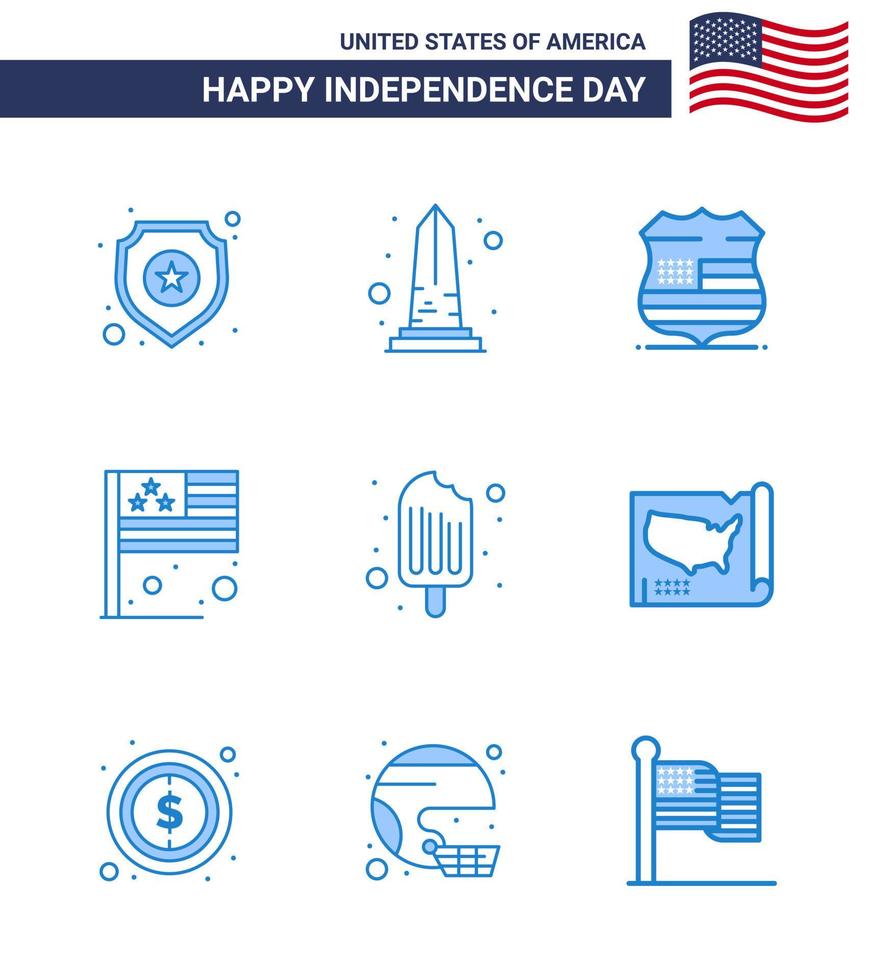 4th July USA Happy Independence Day Icon Symbols Group of 9 Modern Blues of cold flag washington country security Editable USA Day Vector Design Elements