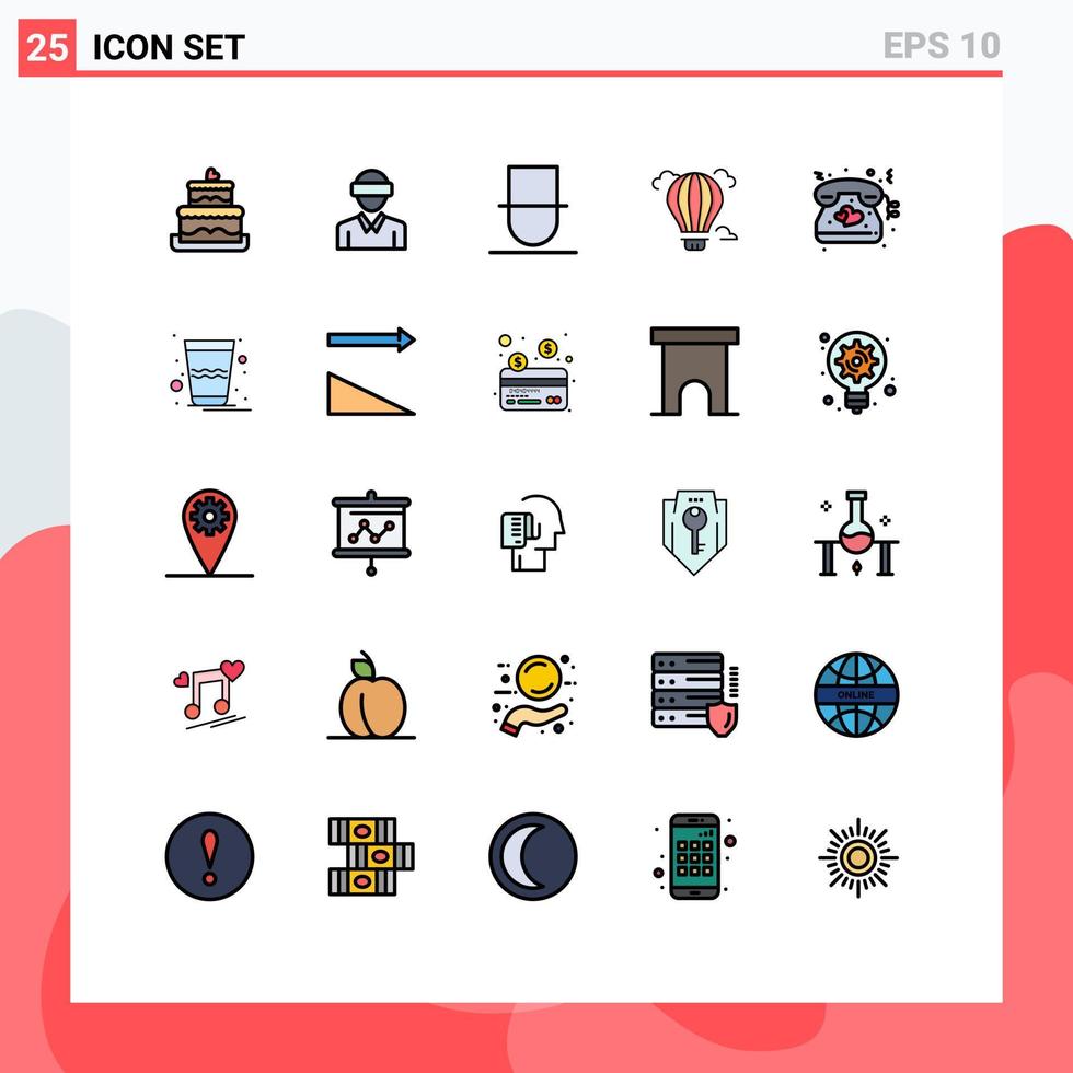 paquete de 25 modernos signos y símbolos de colores planos de línea rellena para medios de impresión web, como amor, caballero caliente, globo aerostático, elementos de diseño vectorial editables vector