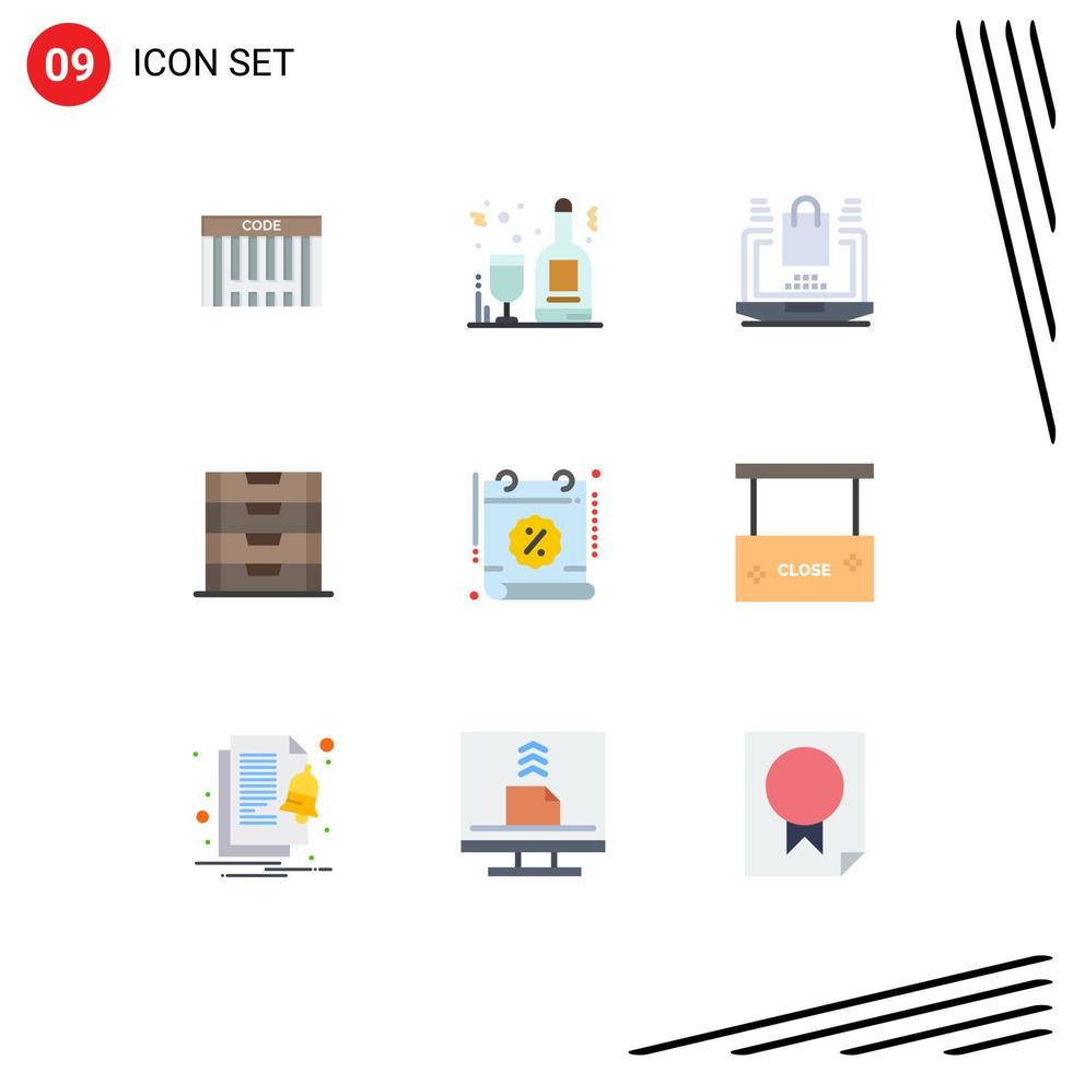paquete de 9 signos y símbolos de colores planos modernos para medios de impresión web, como elementos de diseño de vectores editables de documentos de la escuela de negocios de almacenamiento de fechas
