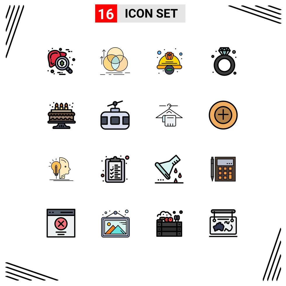 16 Thematic Vector Flat Color Filled Lines and Editable Symbols of ring diamond measurement worker hat protection Editable Creative Vector Design Elements
