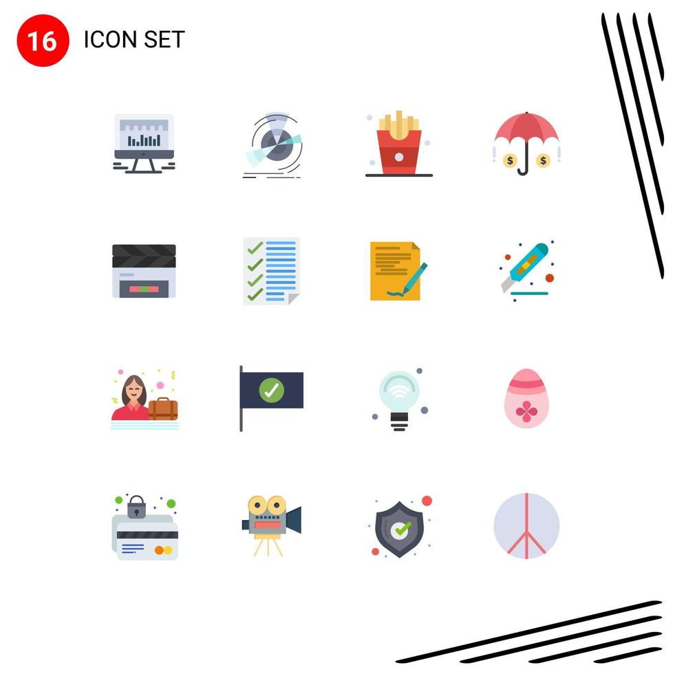 Universal Icon Symbols Group of 16 Modern Flat Colors of clapper investment reference insurance french fries Editable Pack of Creative Vector Design Elements