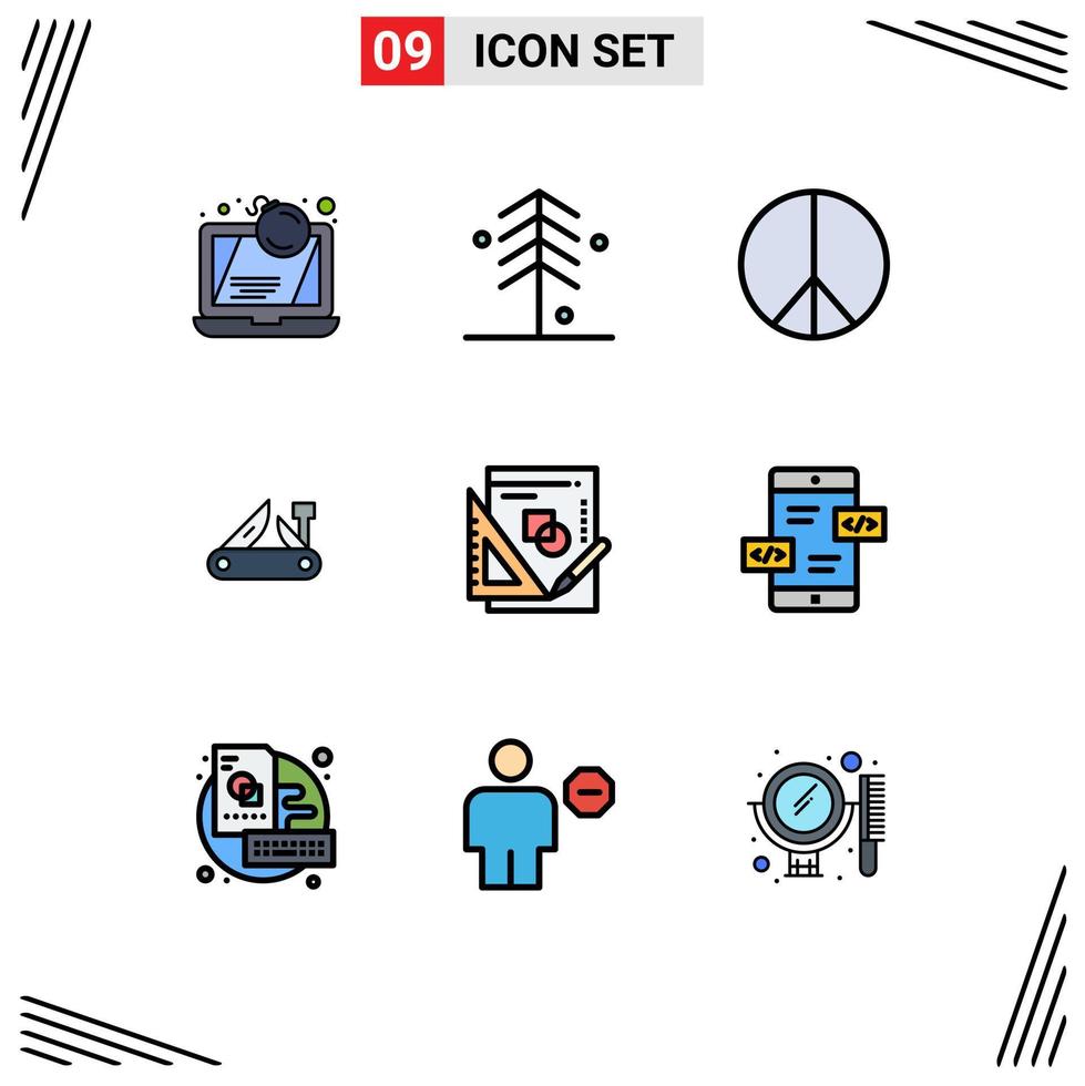 Mobile Interface Filledline Flat Color Set of 9 Pictograms of book pocket knife tree multitool army Editable Vector Design Elements