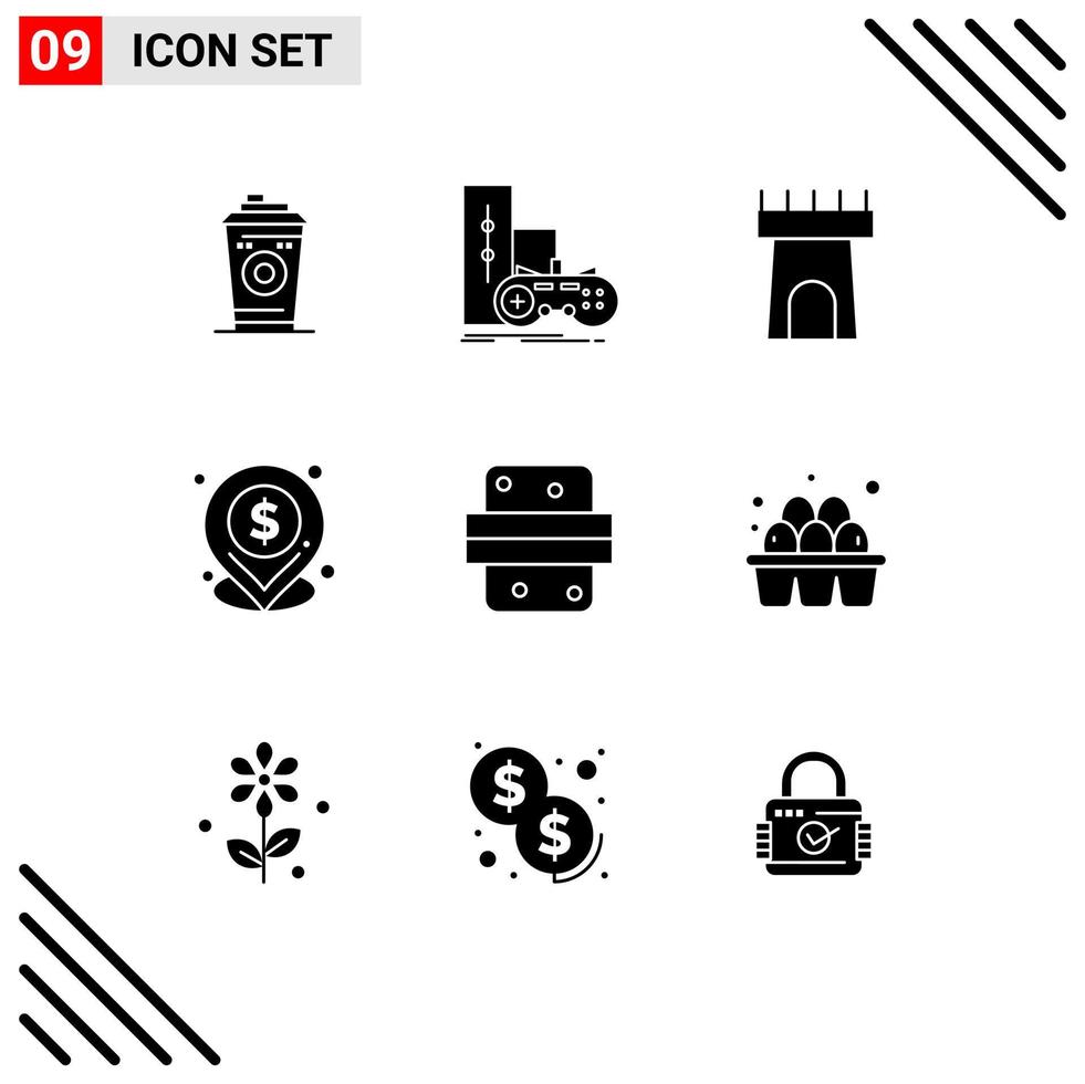 Set of 9 Vector Solid Glyphs on Grid for dinner breakfast playstation pin dollar Editable Vector Design Elements