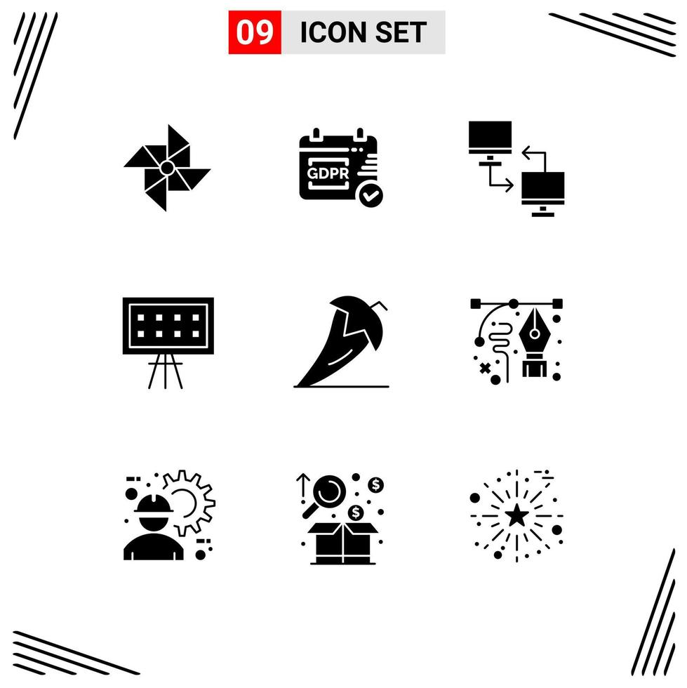 Modern Set of 9 Solid Glyphs Pictograph of ingredient chili mobile presentation board Editable Vector Design Elements