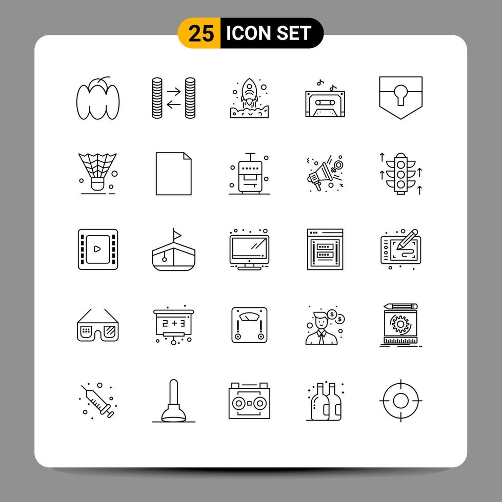 Pictogram Set of 25 Simple Lines of shield protect rocket key sound Editable Vector Design Elements