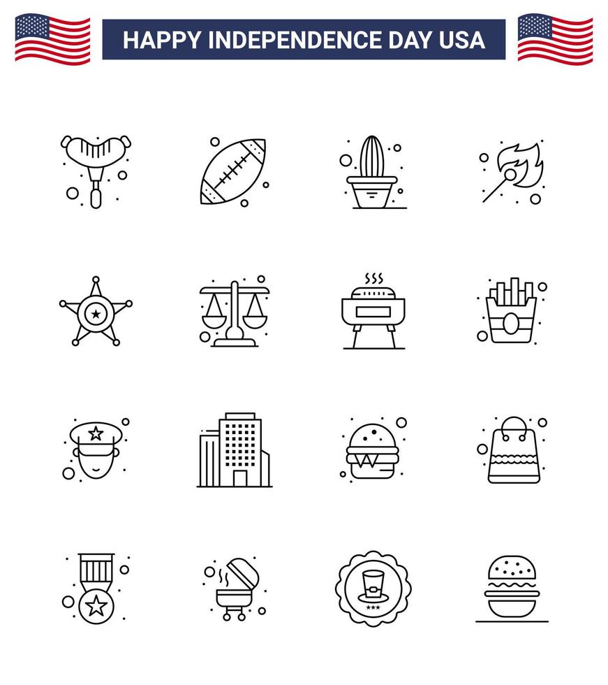 Paquete de 16 líneas de estados unidos de signos y símbolos del día de la independencia de los hombres estrella flor fuego al aire libre elementos de diseño vectorial editables del día de estados unidos vector