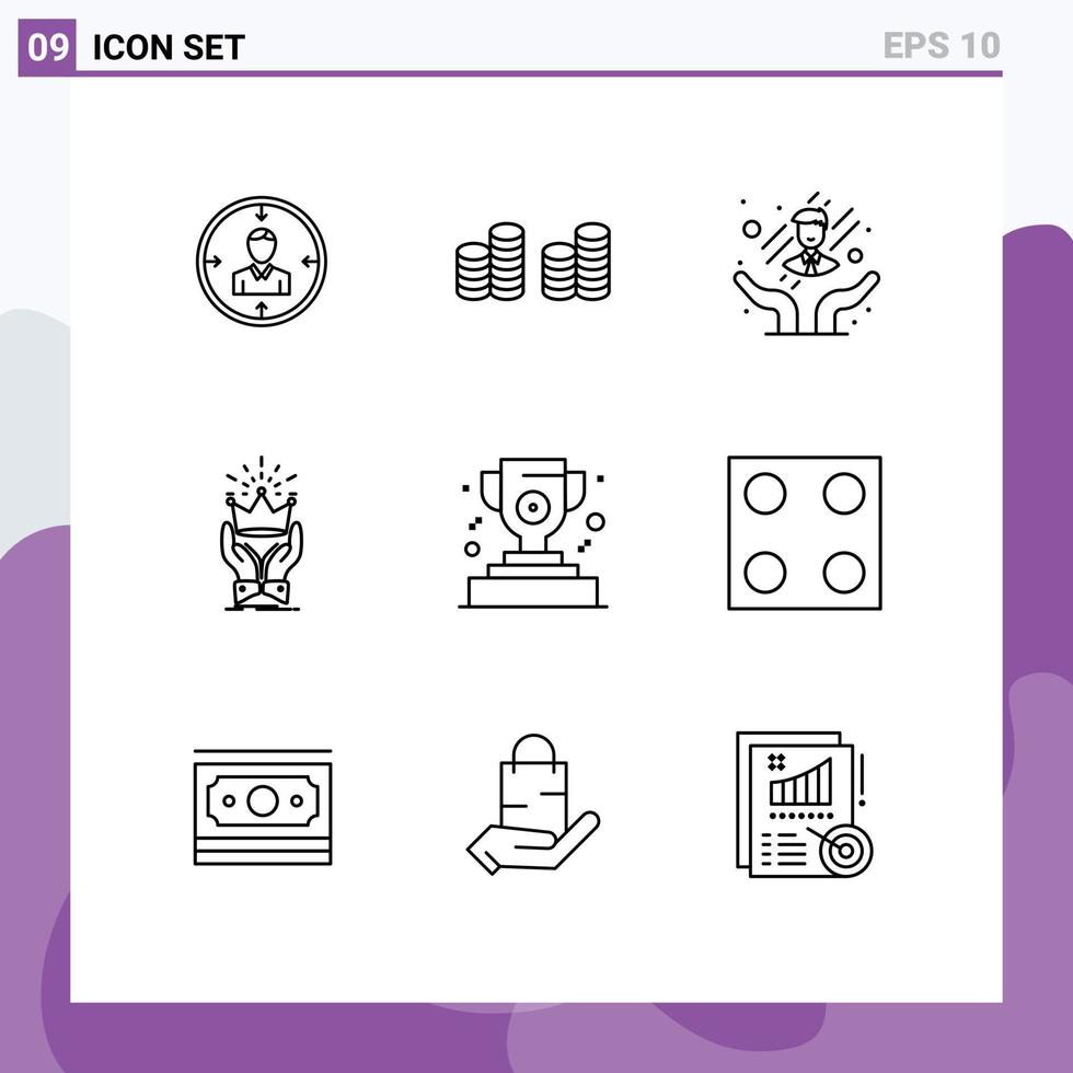 Set of 9 Modern UI Icons Symbols Signs for royal king coins honor employee care Editable Vector Design Elements