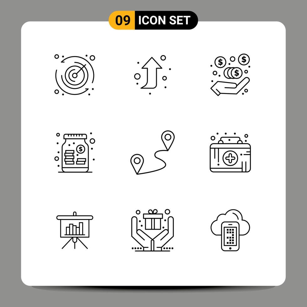Modern Set of 9 Outlines and symbols such as healthcare route marketing fees pin money Editable Vector Design Elements