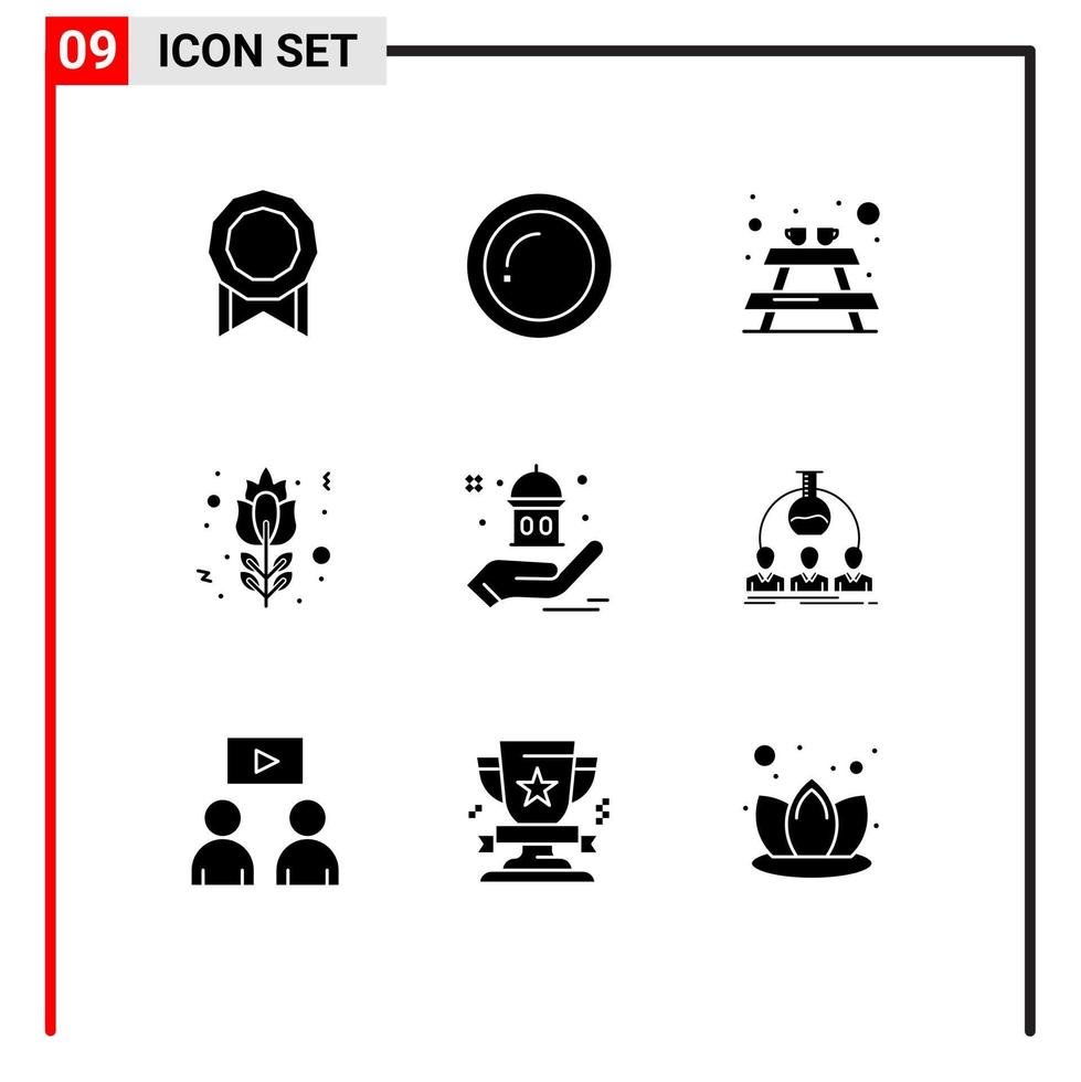 9 Thematic Vector Solid Glyphs and Editable Symbols of hand charity picnic mosque red rose Editable Vector Design Elements