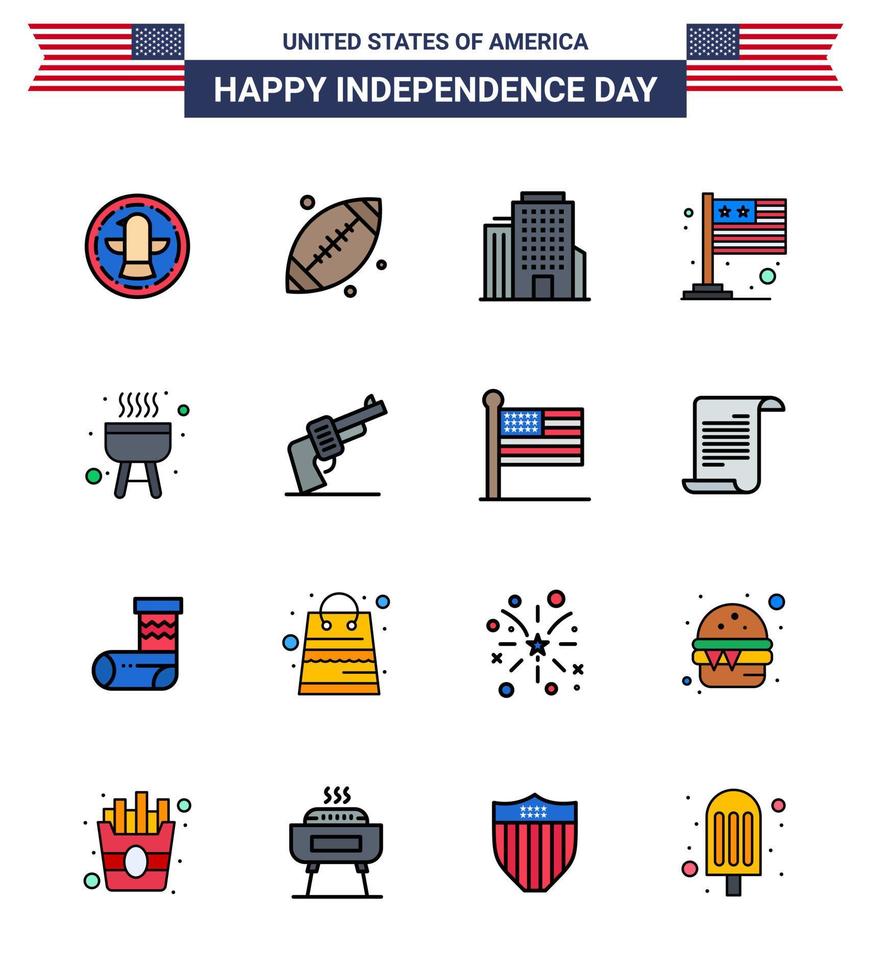 4th July USA Happy Independence Day Icon Symbols Group of 16 Modern Flat Filled Lines of cook barbecue building usa flag Editable USA Day Vector Design Elements