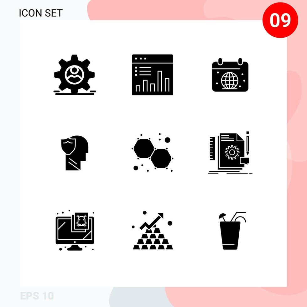 9 Universal Solid Glyphs Set for Web and Mobile Applications user secure monitoring shield globe Editable Vector Design Elements