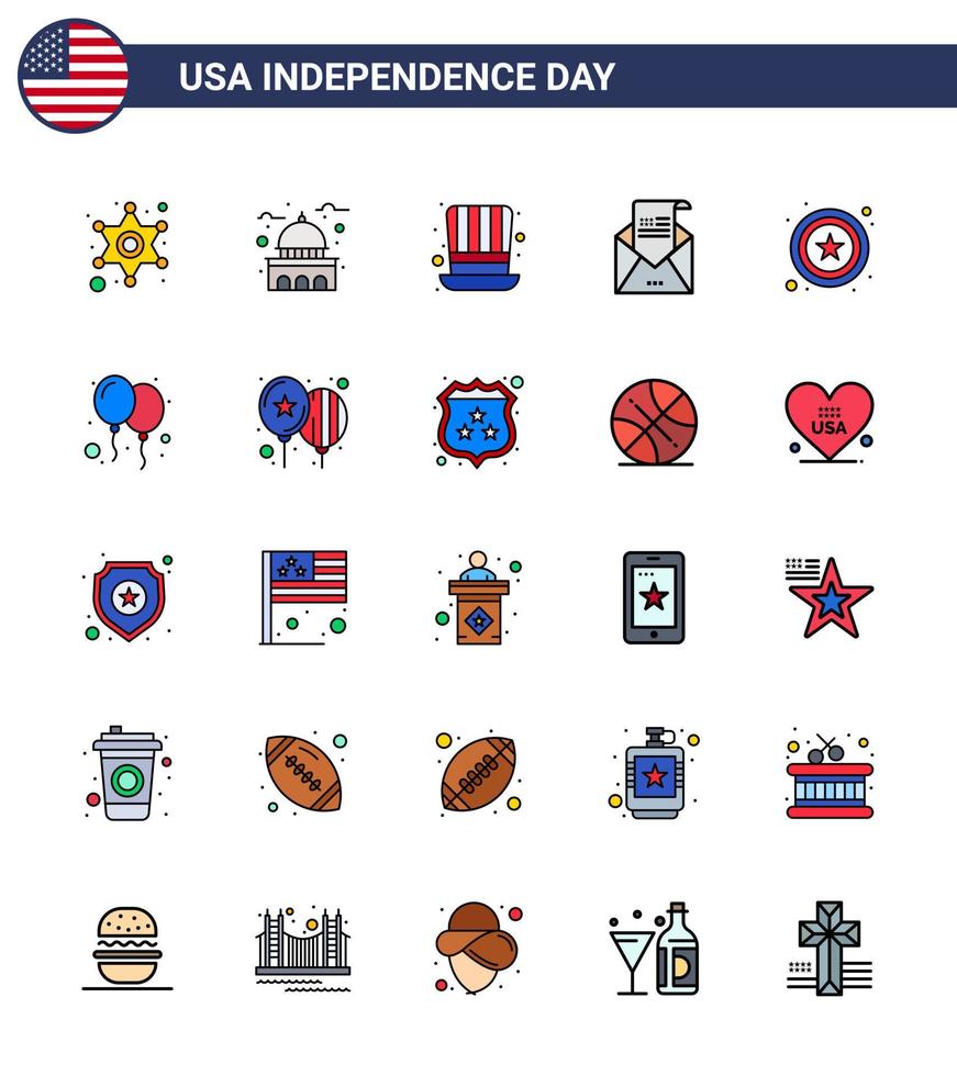 Happy Independence Day 4th July Set of 25 Flat Filled Lines American Pictograph of mail greeting white envelope usa Editable USA Day Vector Design Elements