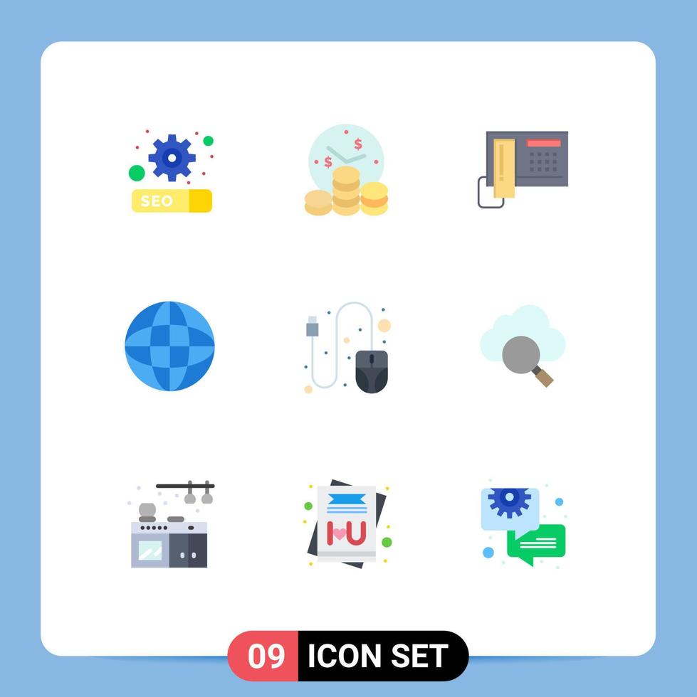 Group of 9 Modern Flat Colors Set for scroll computer phone education globe Editable Vector Design Elements