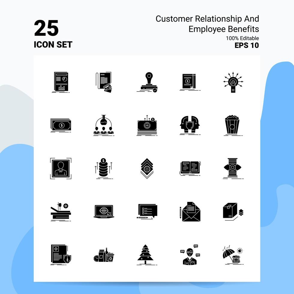 25 relación con el cliente y conjunto de iconos de beneficios para empleados 100 archivos editables eps 10 ideas de concepto de logotipo de empresa diseño de icono de glifo sólido vector