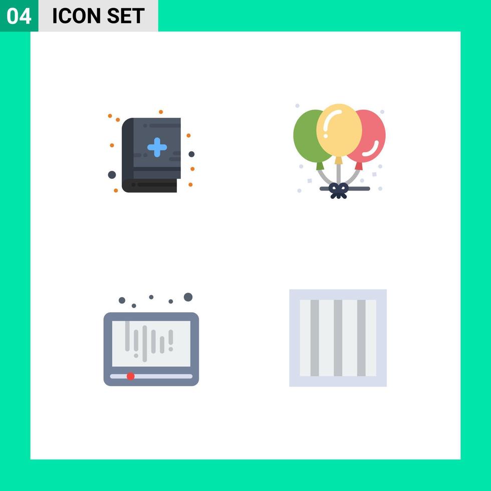 Modern Set of 4 Flat Icons and symbols such as book play balloons party social media Editable Vector Design Elements