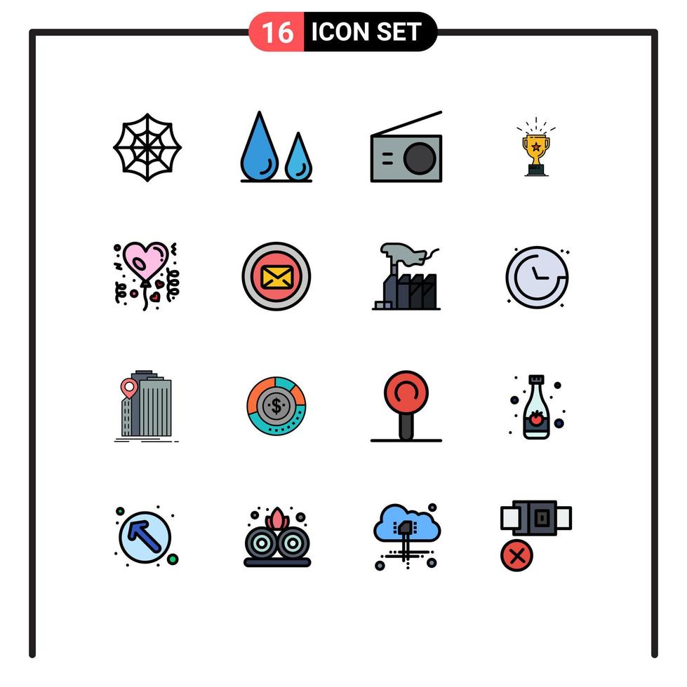 Mobile Interface Flat Color Filled Line Set of 16 Pictograms of love affection electric trophy medal Editable Creative Vector Design Elements