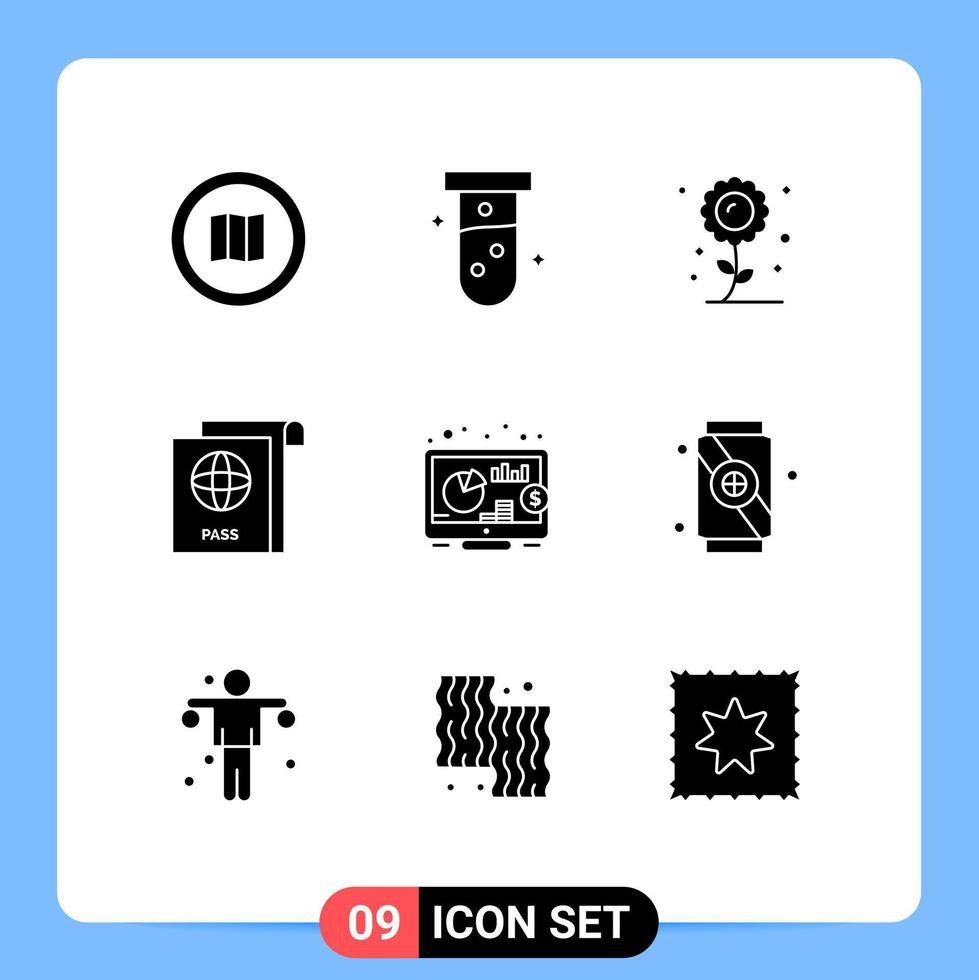 Group of 9 Solid Glyphs Signs and Symbols for return travel lab passport sunflower Editable Vector Design Elements