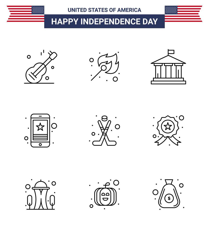 paquete de 9 líneas de celebración del día de la independencia de EE. UU. Signos y símbolos del 4 de julio, como los elementos de diseño de vectores del día de EE. UU.