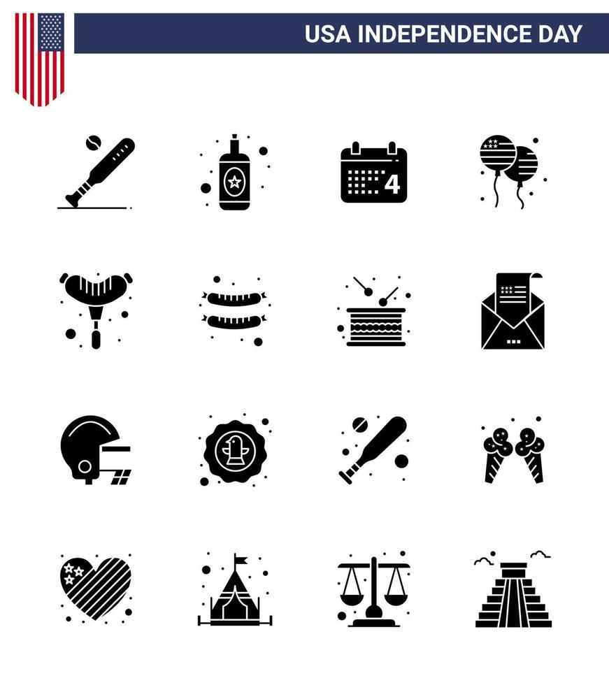 Editable Vector Solid Glyph Pack of USA Day 16 Simple Solid Glyphs of frankfurter american calender fly bloon Editable USA Day Vector Design Elements