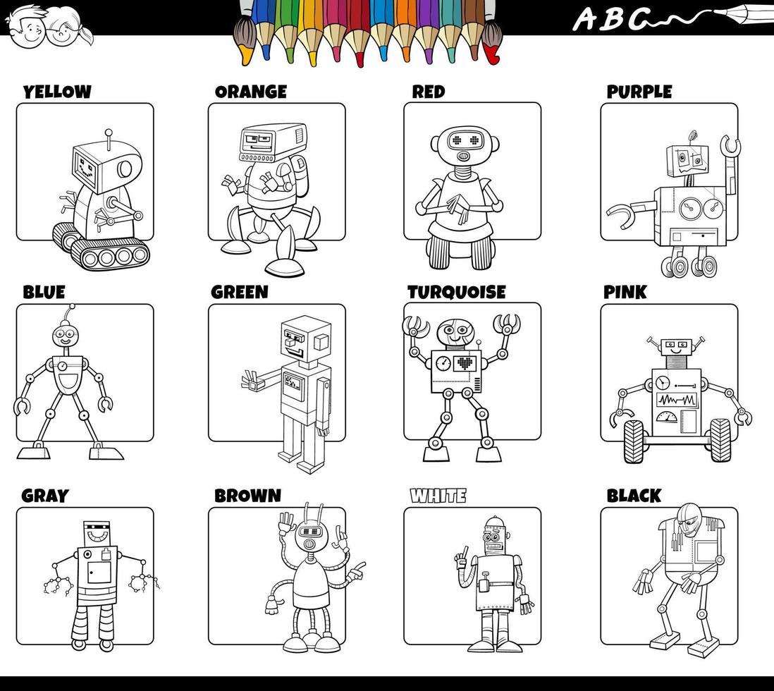 basic colors with robots characters set coloring page vector