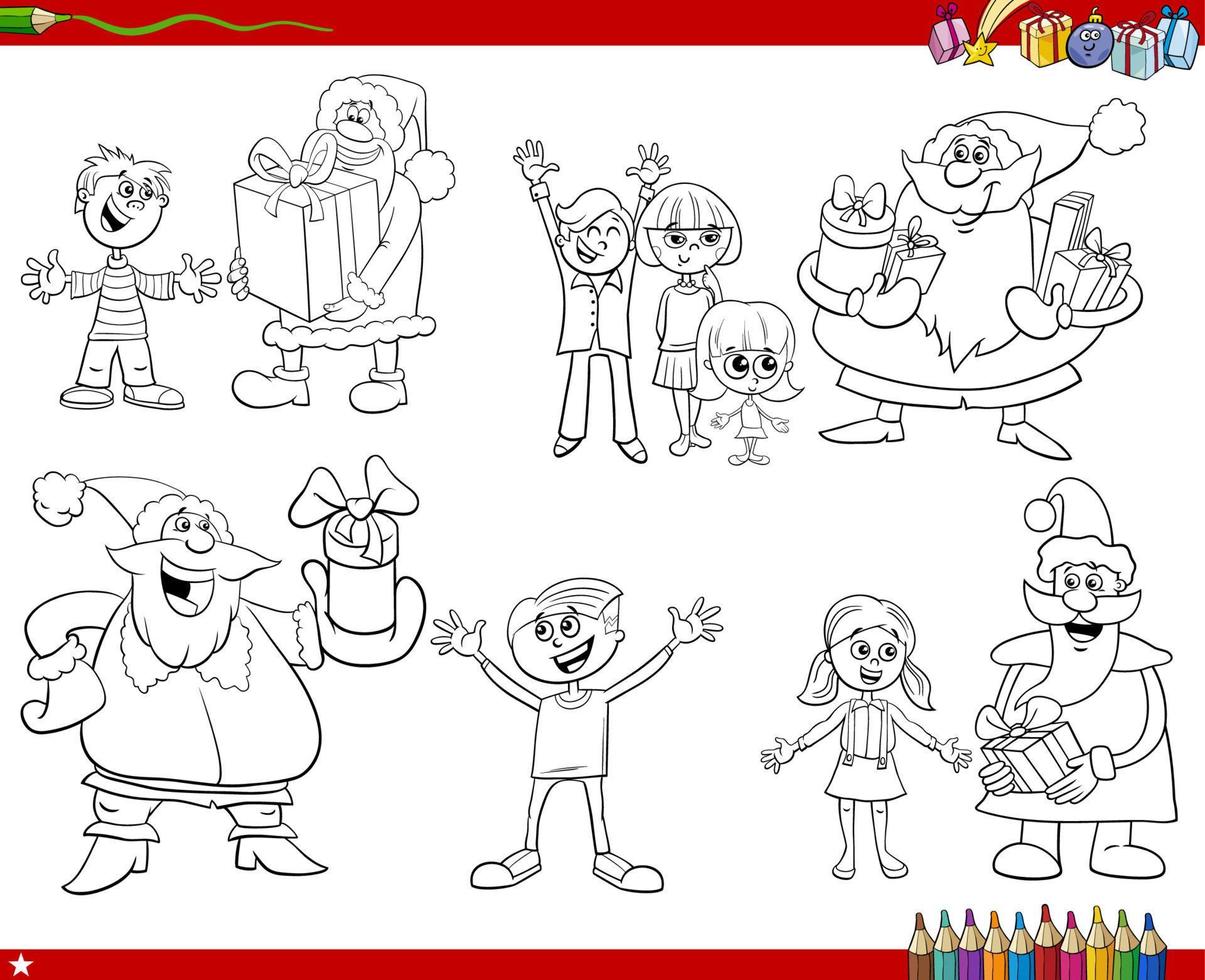 Cláusulas de Papá Noel de dibujos animados dando regalos de Navidad a los niños página para colorear vector