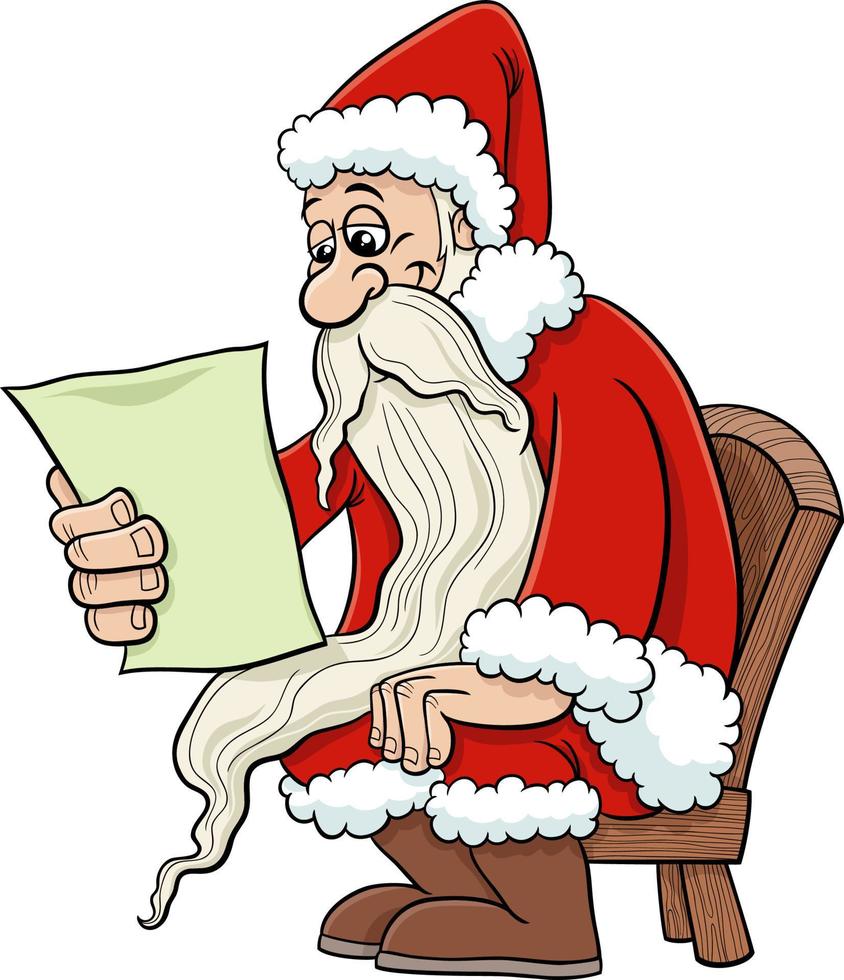 dibujos animados de santa claus leyendo una carta sobre el tiempo de navidad vector