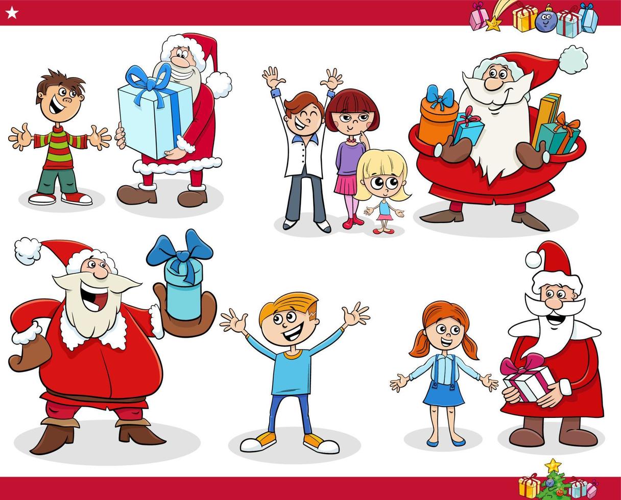 cartoon Santa Clauses giving Christmas presents to children vector
