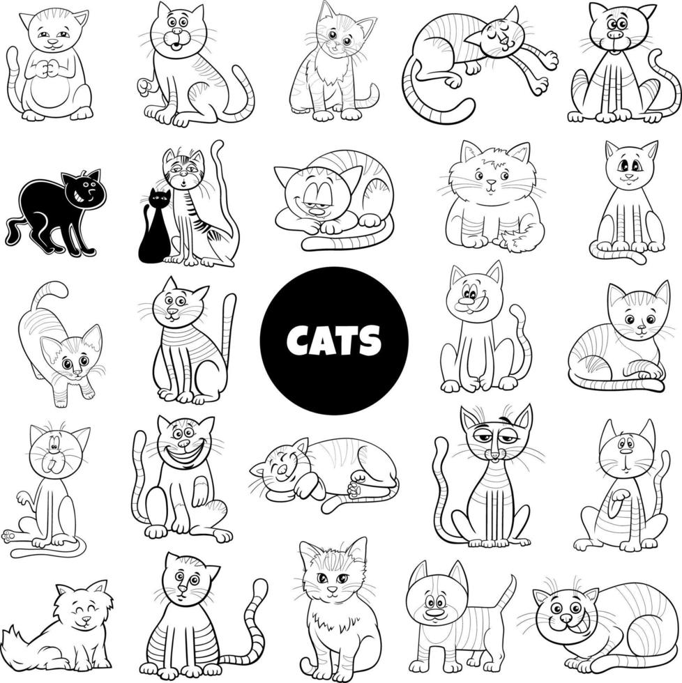 conjunto grande de personajes de gatos y gatitos de dibujos animados en blanco y negro vector
