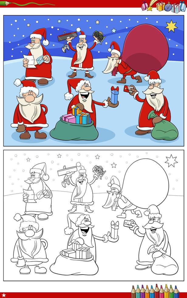 cartoon Santa Claus Christmas characters group coloring page vector