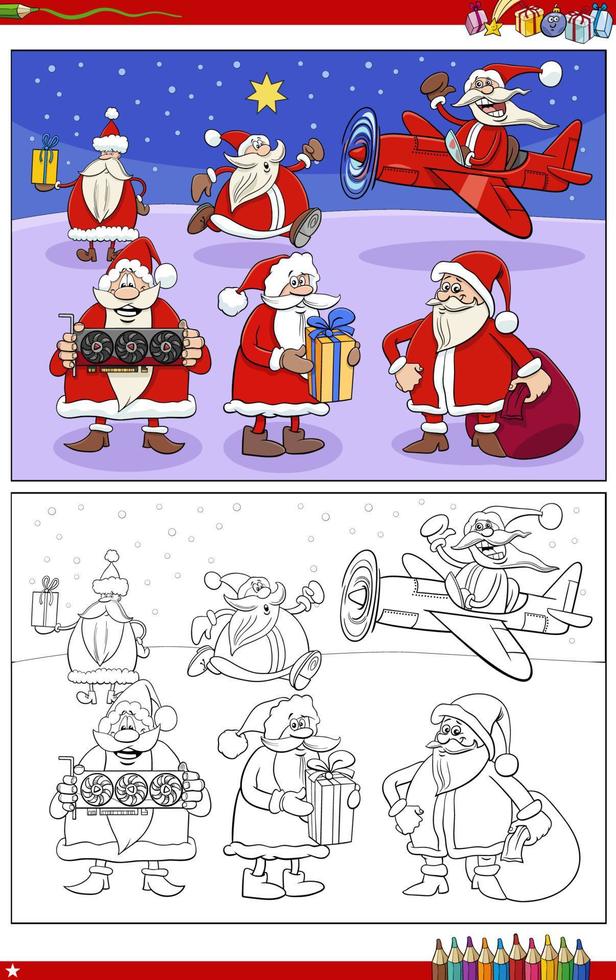 cartoon Santa Claus Christmas characters group coloring page vector