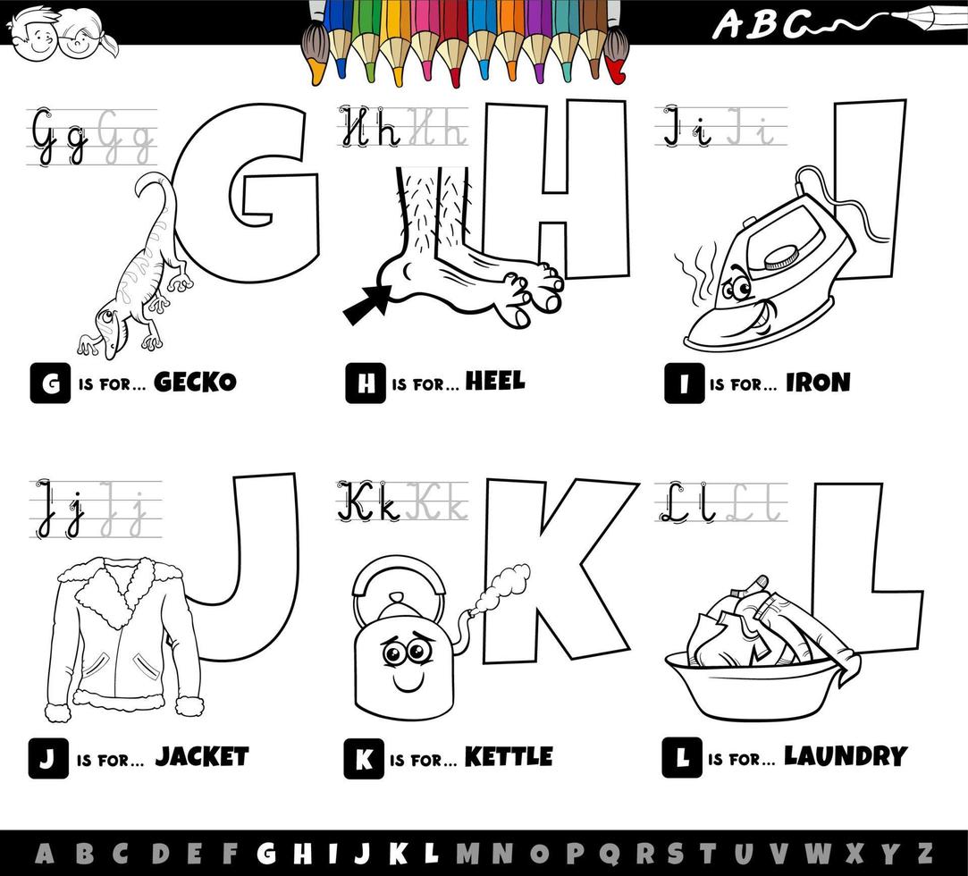 educational cartoon alphabet letters set from G to L coloring page vector