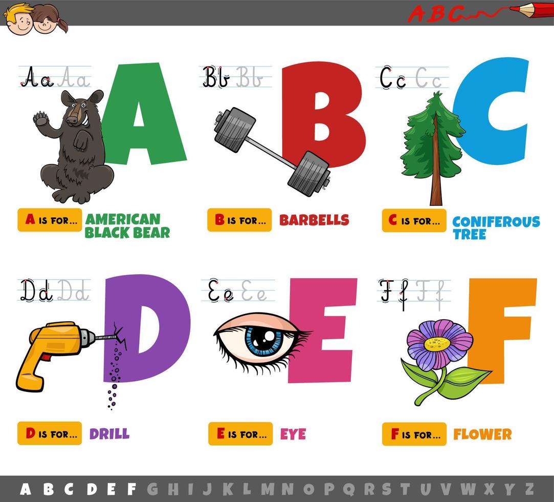 letras del alfabeto de dibujos animados educativos para niños de la a vector