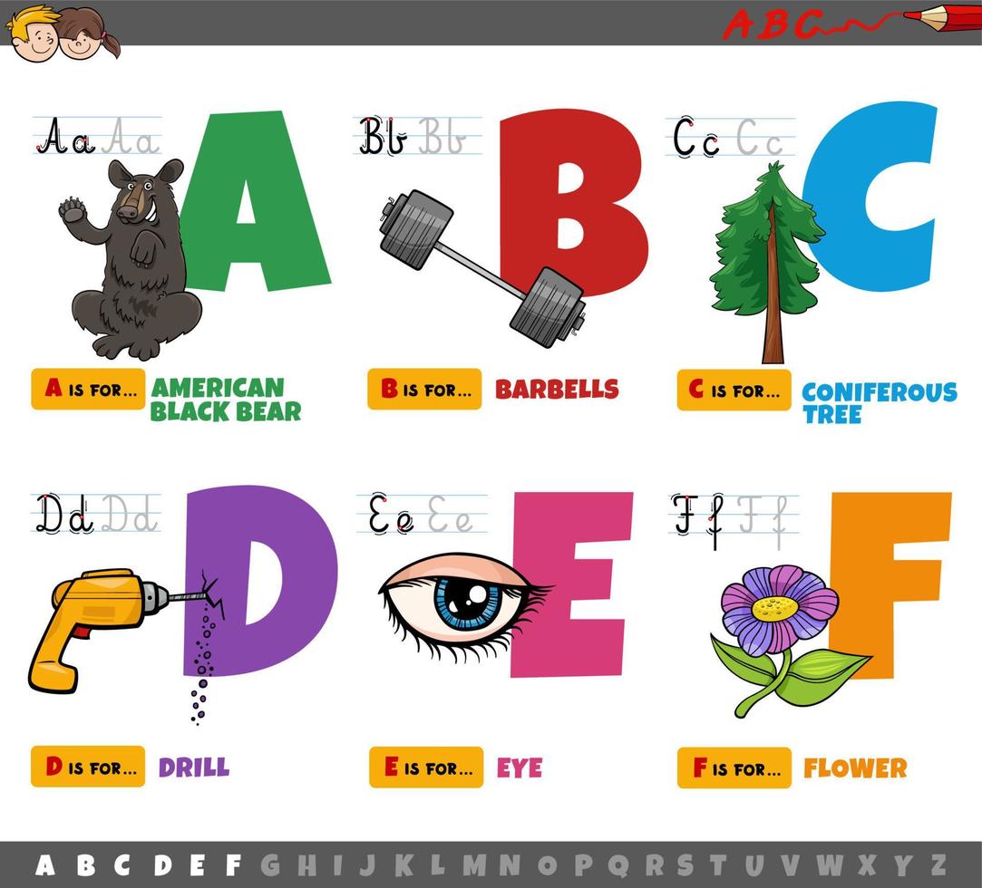 educational cartoon alphabet letters for children from A to F vector