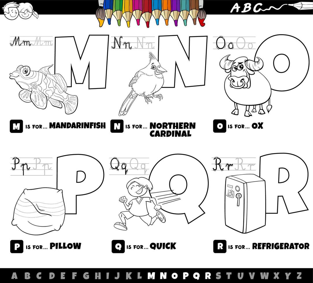 educational alphabet letters cartoon set from M to R coloring page vector