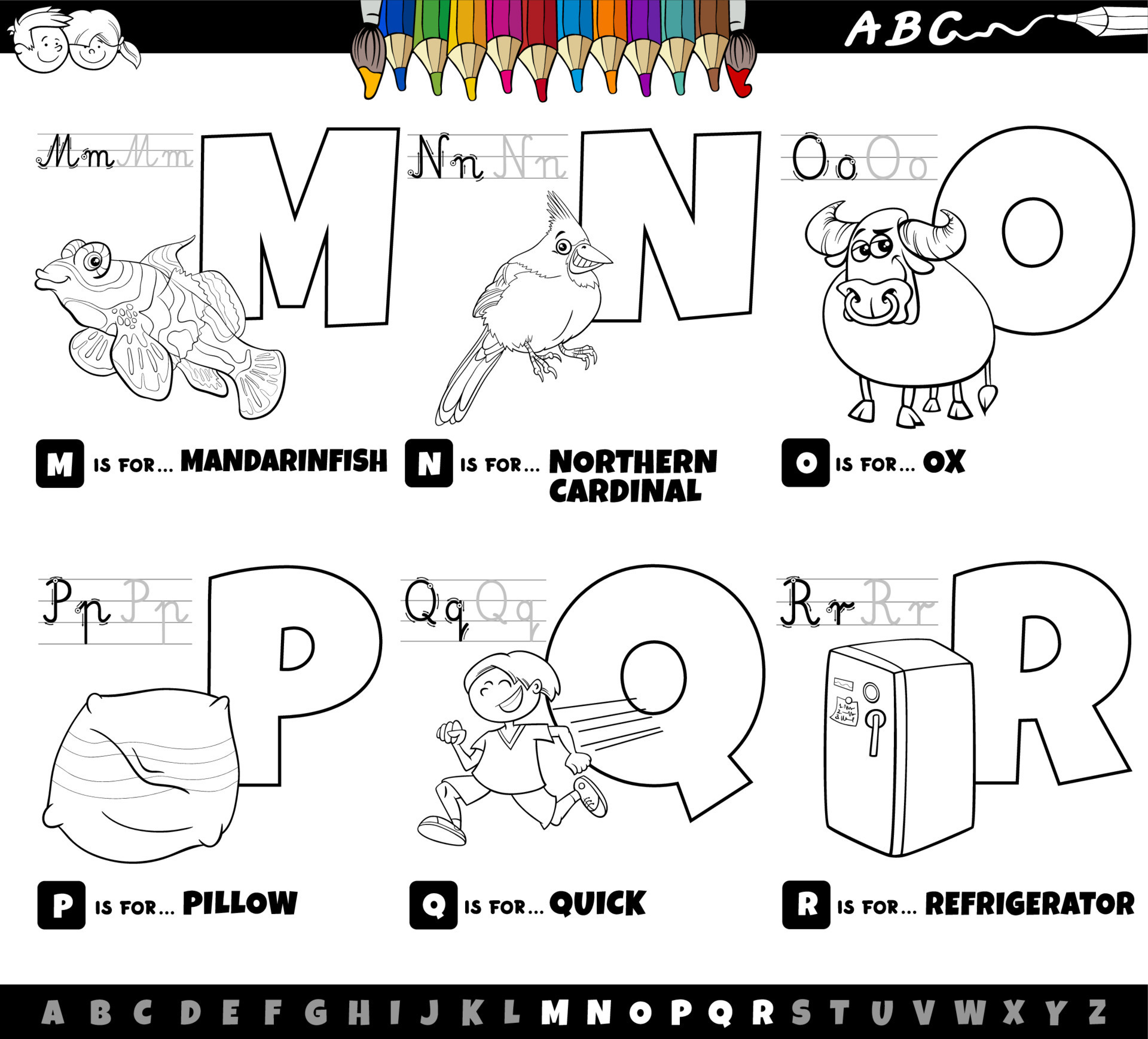 Educational Alphabet Letters Cartoon Set From M To R Coloring Page educational-alphabet-letters-cartoon-set-from-m-to-r-coloring-page