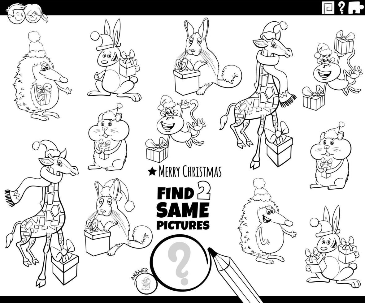 find two same cartoon animals with Christmas gifts coloring page vector